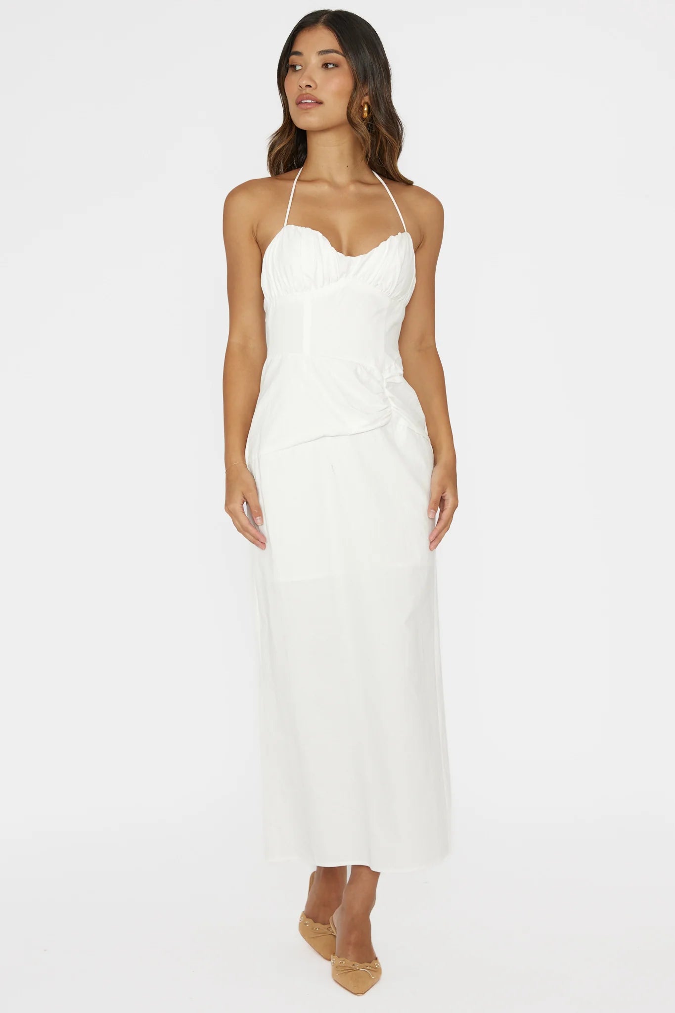 Arielle Gathered Bust Halterneck Midi Dress White