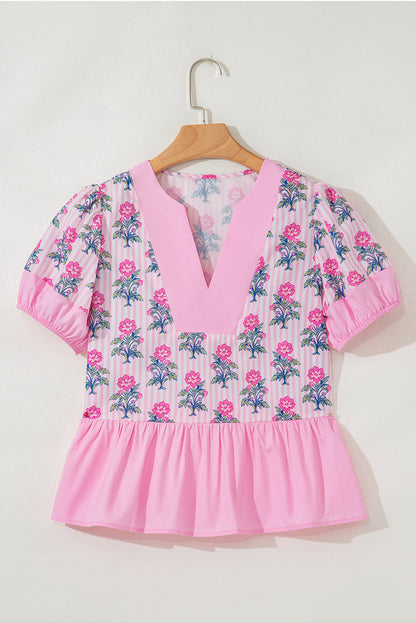 Rose Floral Striped Print Contrast Patchwork Ruffle Hem Blouse