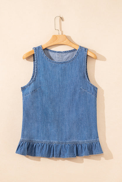 Sky Blue Ruffle Hem Sleeveless Denim Top