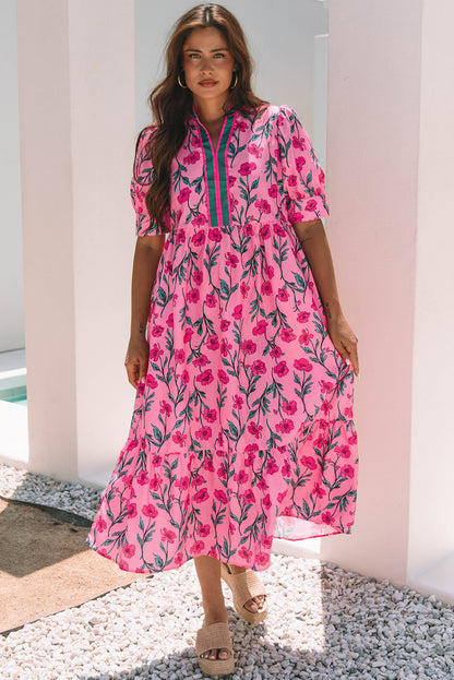 Pink Floral Contrast Neckline A-line Puff Sleeve Long Dress