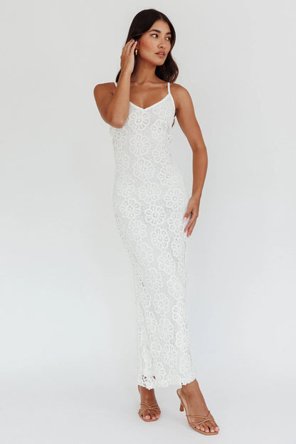 Spark Joy Floral Crochet Overlay Maxi Dress White