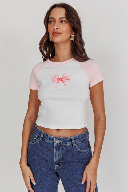 Melting Hearts Bow Raglan Tee White/Pink