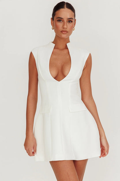 Heavenly Bodies Sleeveless Deep Neckline Mini Dress White