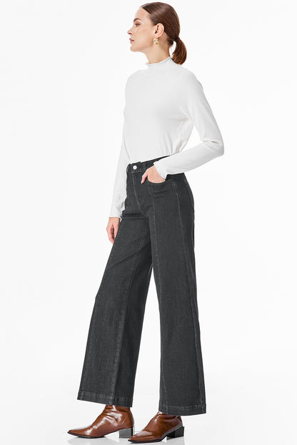 Black Plain Seam Detail Flared Bottom Ankle Length Jeans