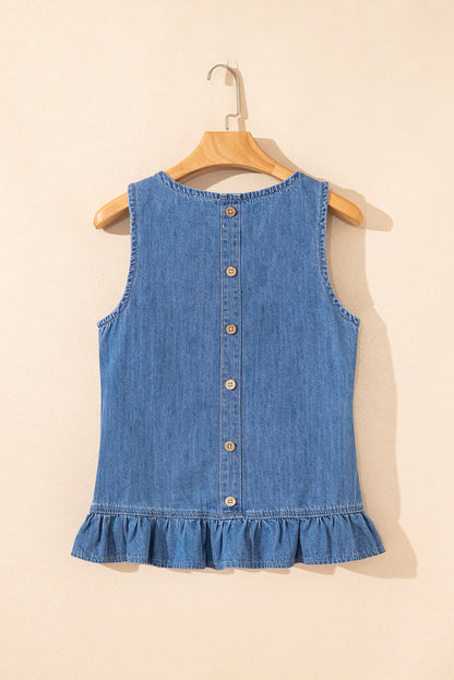 Sky Blue Ruffle Hem Sleeveless Denim Top