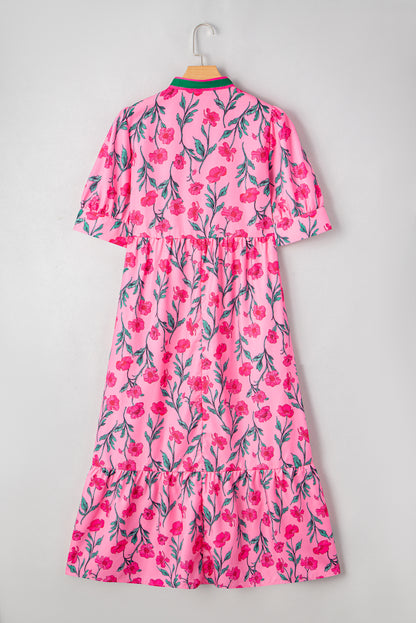 Pink Floral Contrast Neckline A-line Puff Sleeve Long Dress